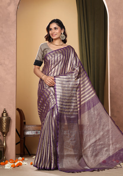 Bhagalpuri Tissue Silk Saree Striped Deep Purple Gold