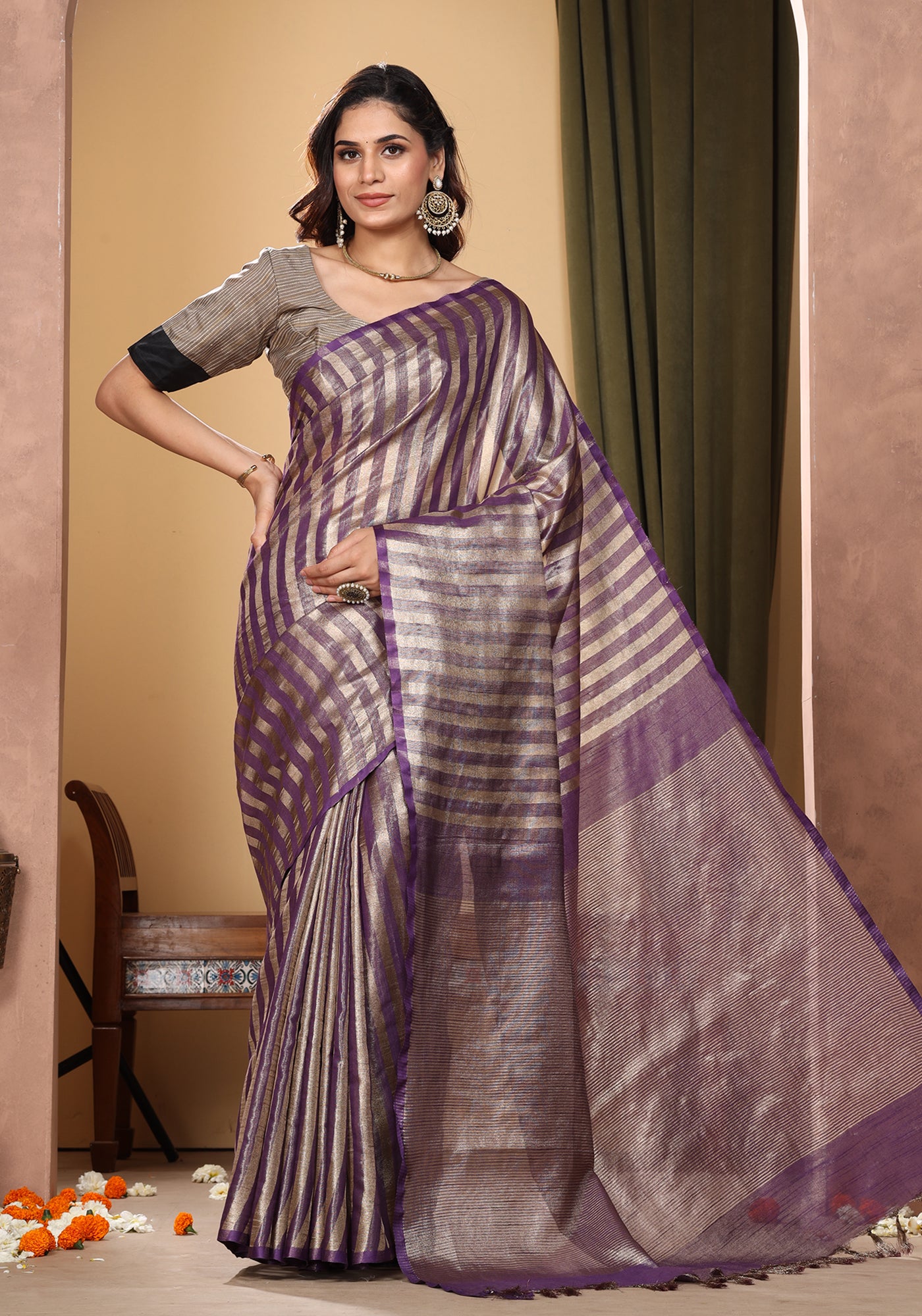Bhagalpuri Tissue Silk Saree Striped Deep Purple Gold