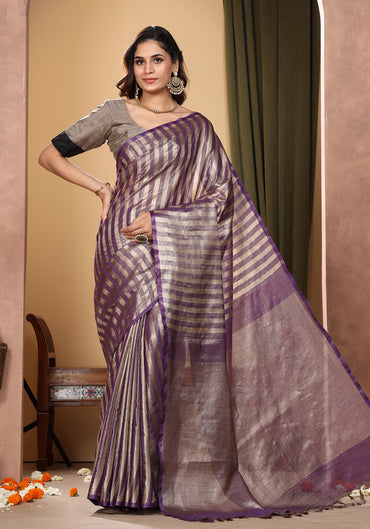 Bhagalpuri Tissue Silk Saree Striped Deep Purple Gold
