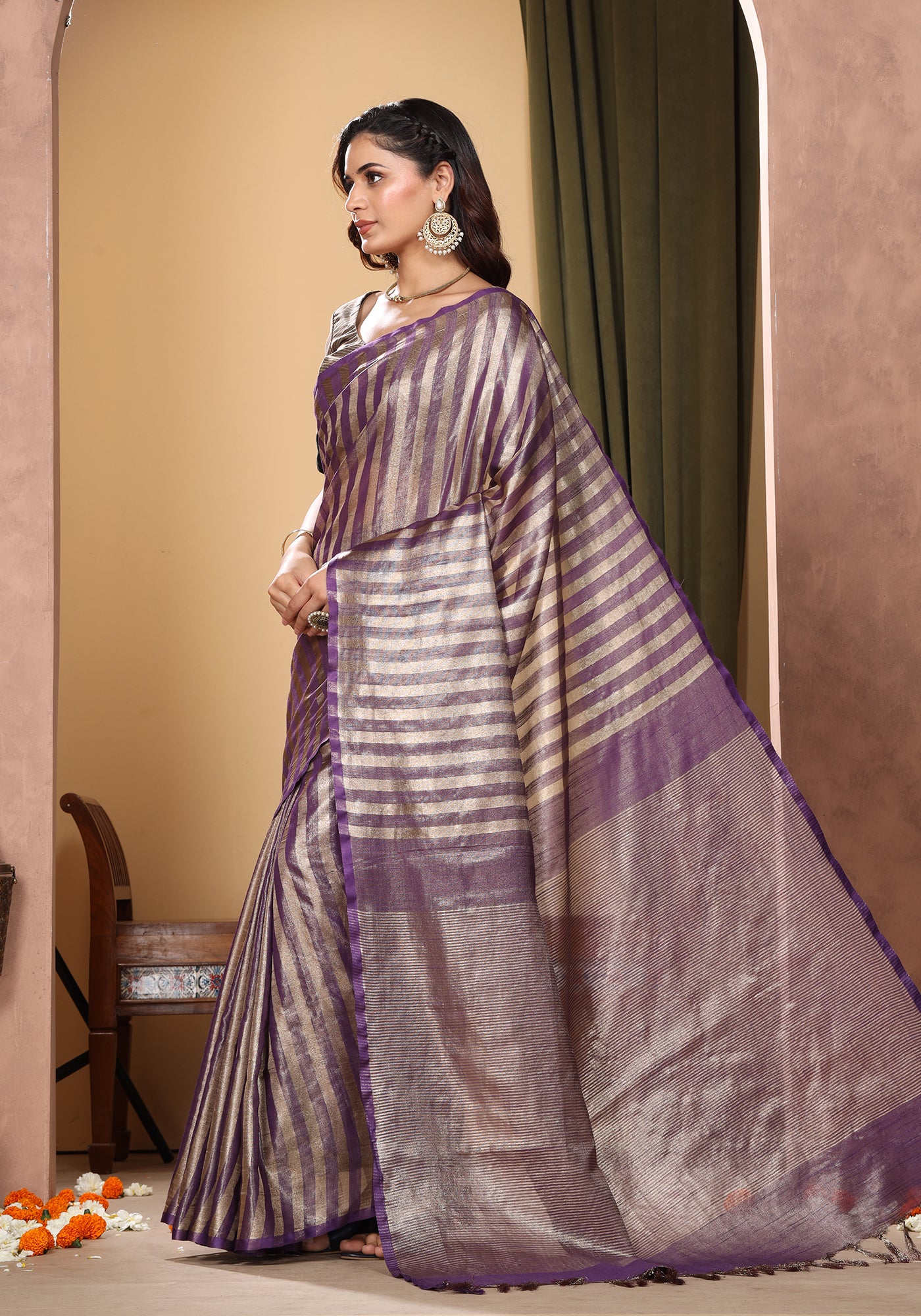 Bhagalpuri Tissue Silk Saree Striped Deep Purple Gold