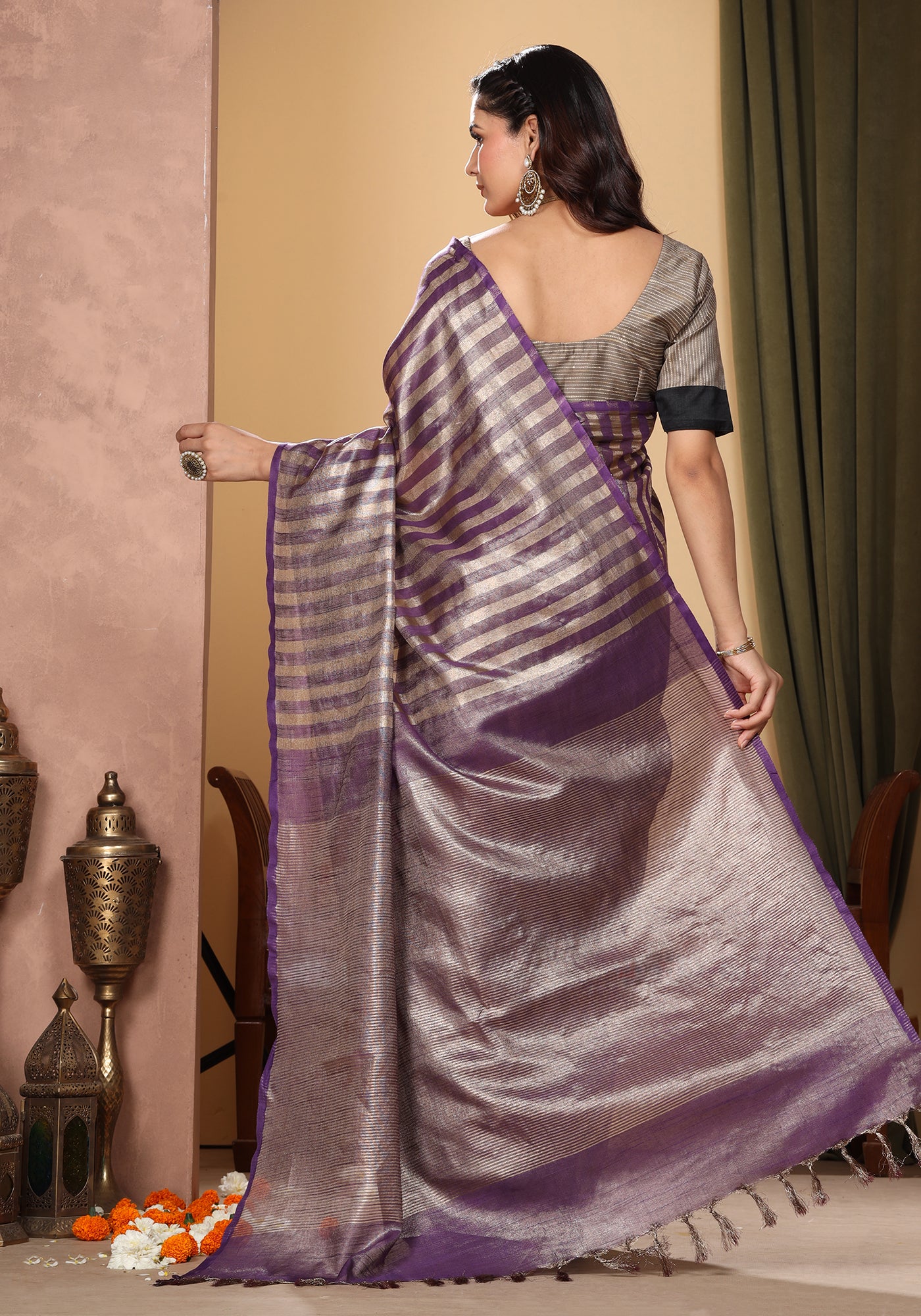 Bhagalpuri Tissue Silk Saree Striped Deep Purple Gold