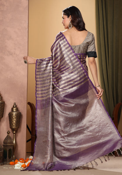 Bhagalpuri Tissue Silk Saree Striped Deep Purple Gold