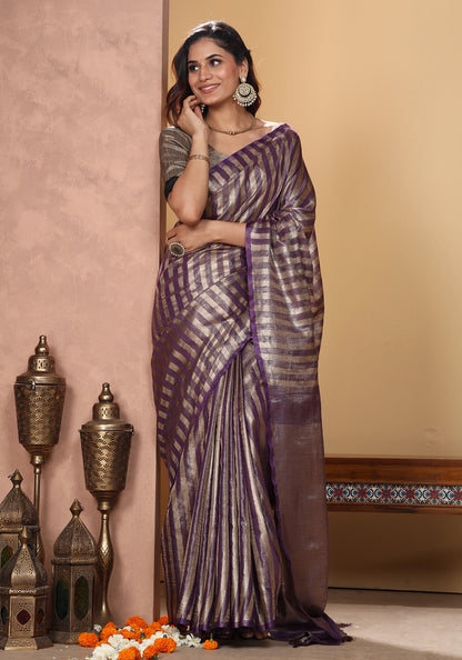 Bhagalpuri Tissue Silk Saree Striped Deep Purple Gold