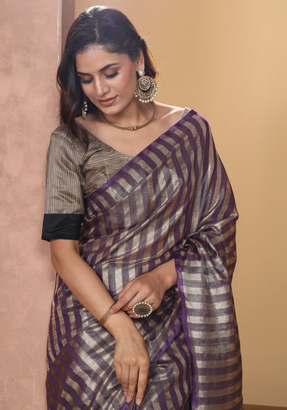 Bhagalpuri Tissue Silk Saree Striped Deep Purple Gold