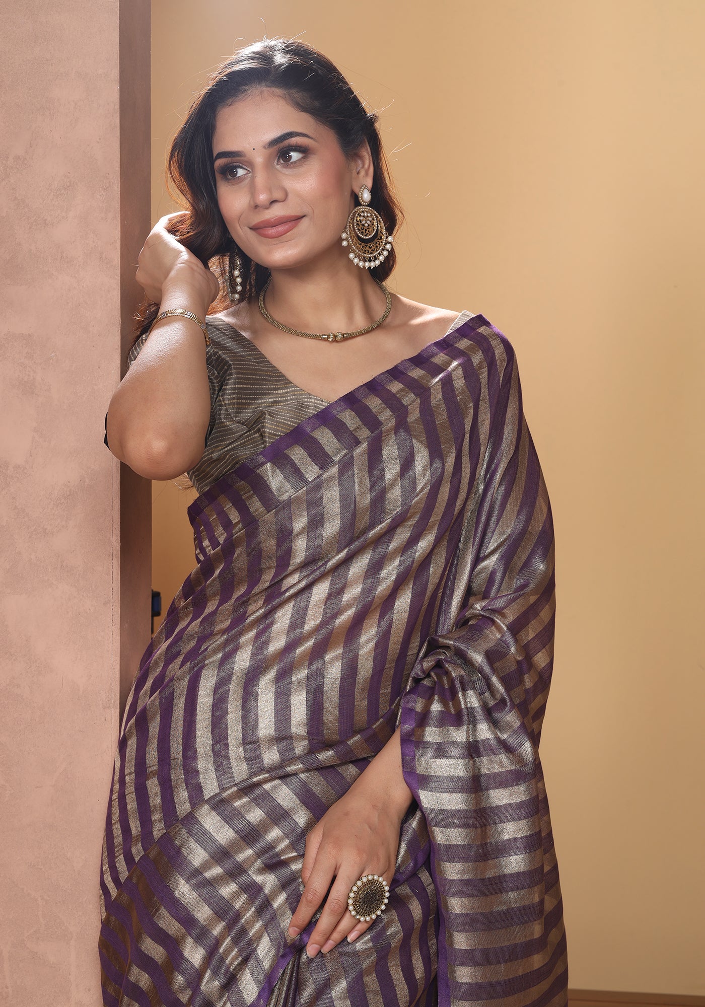 Bhagalpuri Tissue Silk Saree Striped Deep Purple Gold