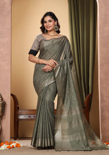 Bhagalpuri Tissue Silk Saree Olive Green Gold Buti