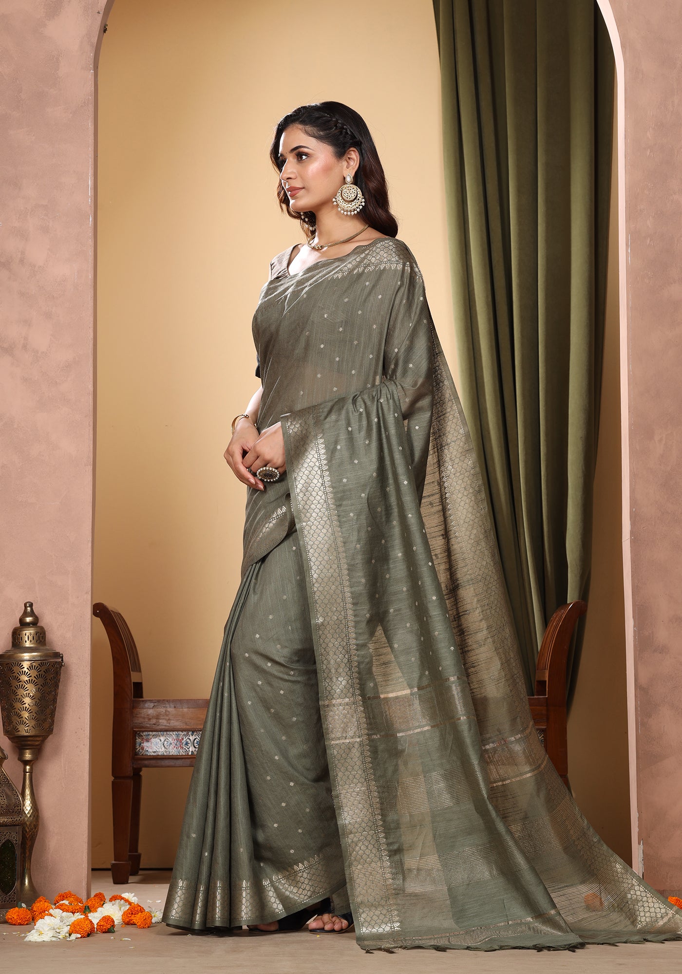 Bhagalpuri Tissue Silk Saree Olive Green Gold Buti