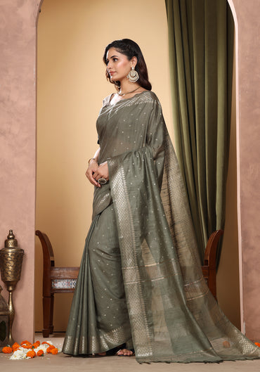 Bhagalpuri Tissue Silk Saree Olive Green Gold Buti