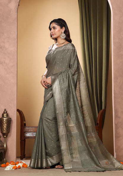 Bhagalpuri Tissue Silk Saree Olive Green Gold Buti