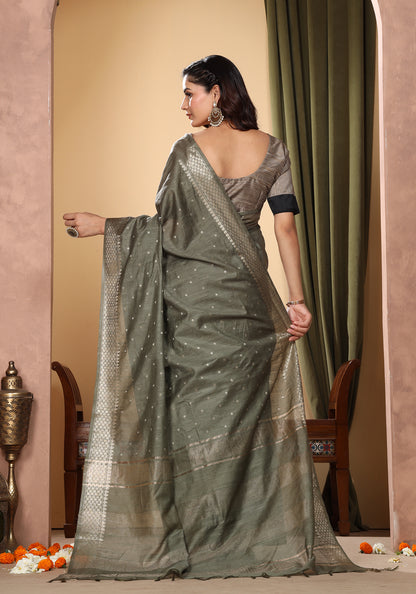 Bhagalpuri Tissue Silk Saree Olive Green Gold Buti