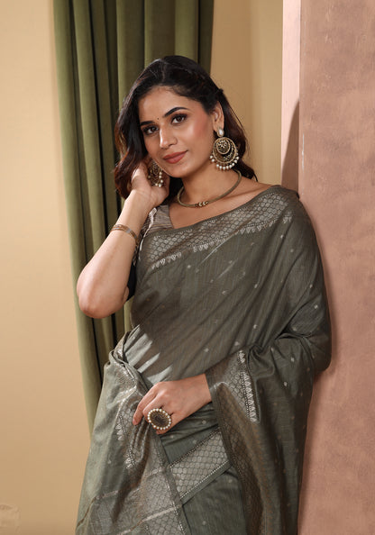 Bhagalpuri Tissue Silk Saree Olive Green Gold Buti