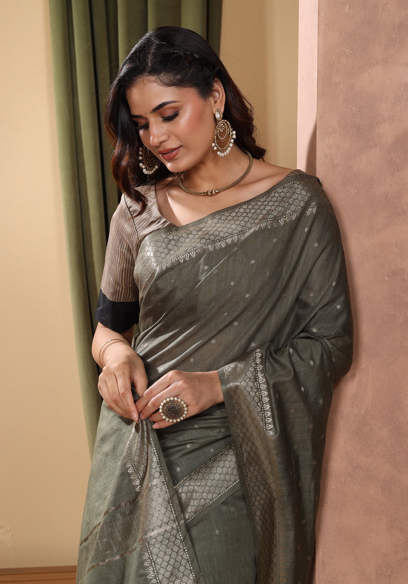 Bhagalpuri Tissue Silk Saree Olive Green Gold Buti