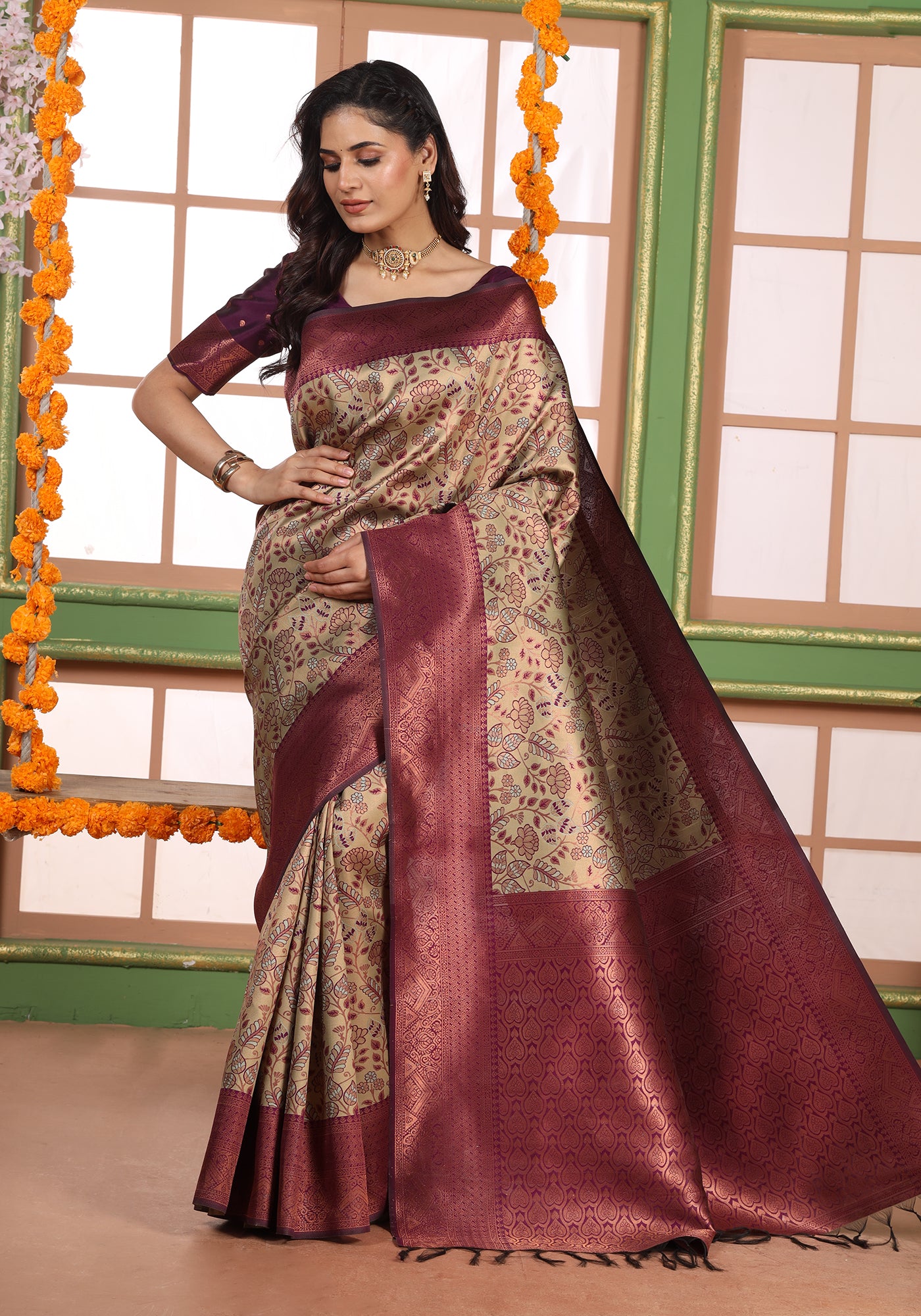 Art Silk Saree Copper Rose Gold Multi-Tonal Floral