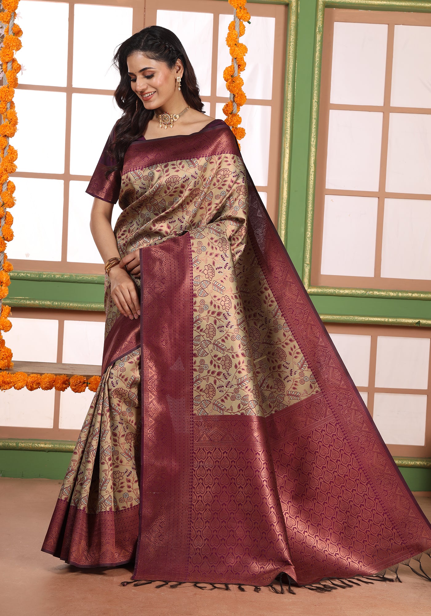 Art Silk Saree Copper Rose Gold Multi-Tonal Floral