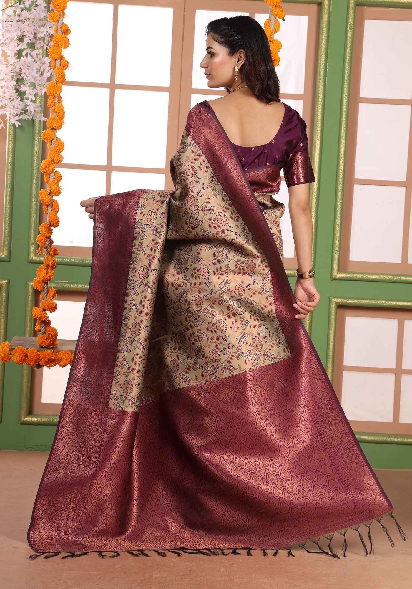 Art Silk Saree Copper Rose Gold Multi-Tonal Floral