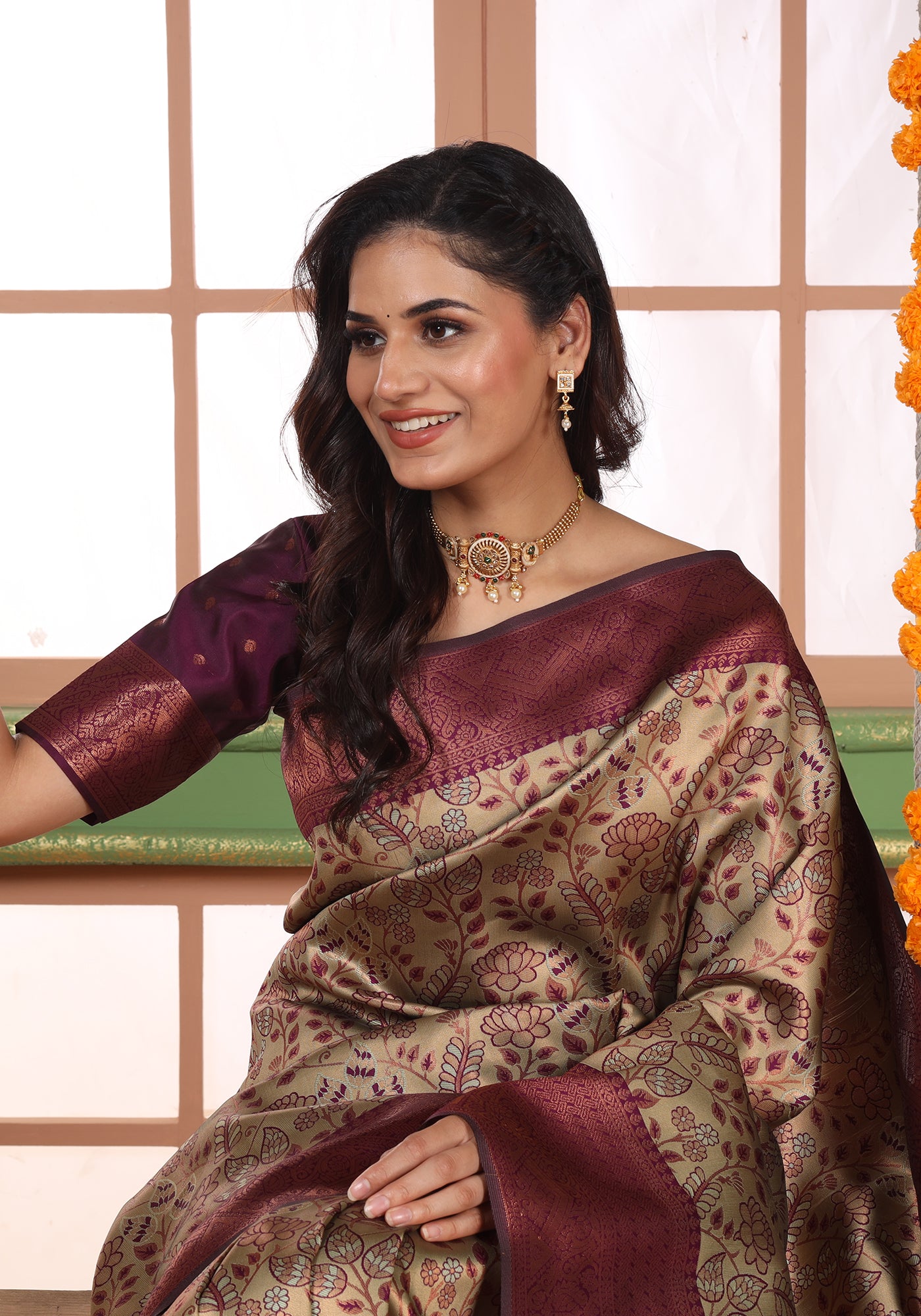 Art Silk Saree Copper Rose Gold Multi-Tonal Floral