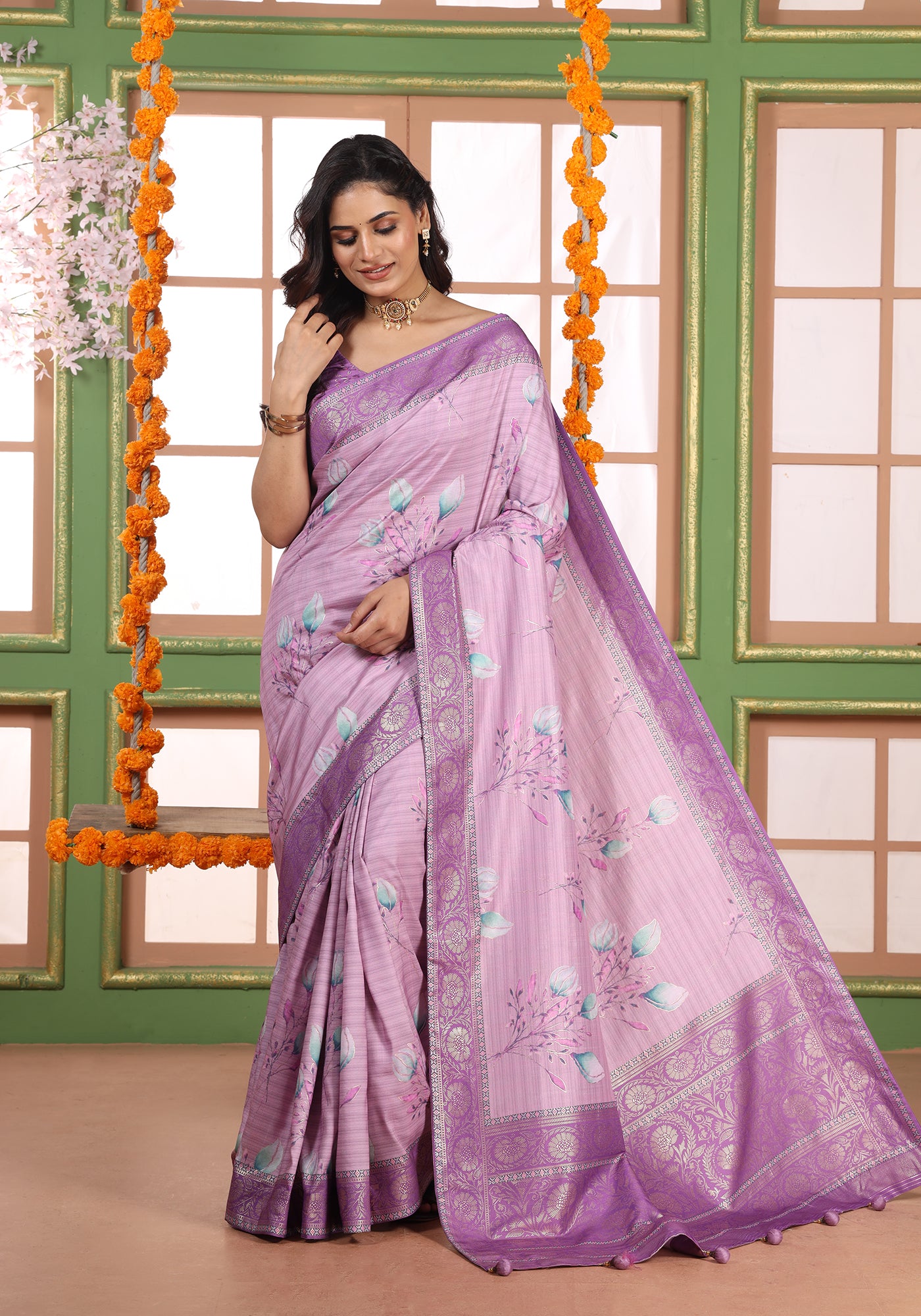 Dola Silk Saree Lavender Purple Floral Print