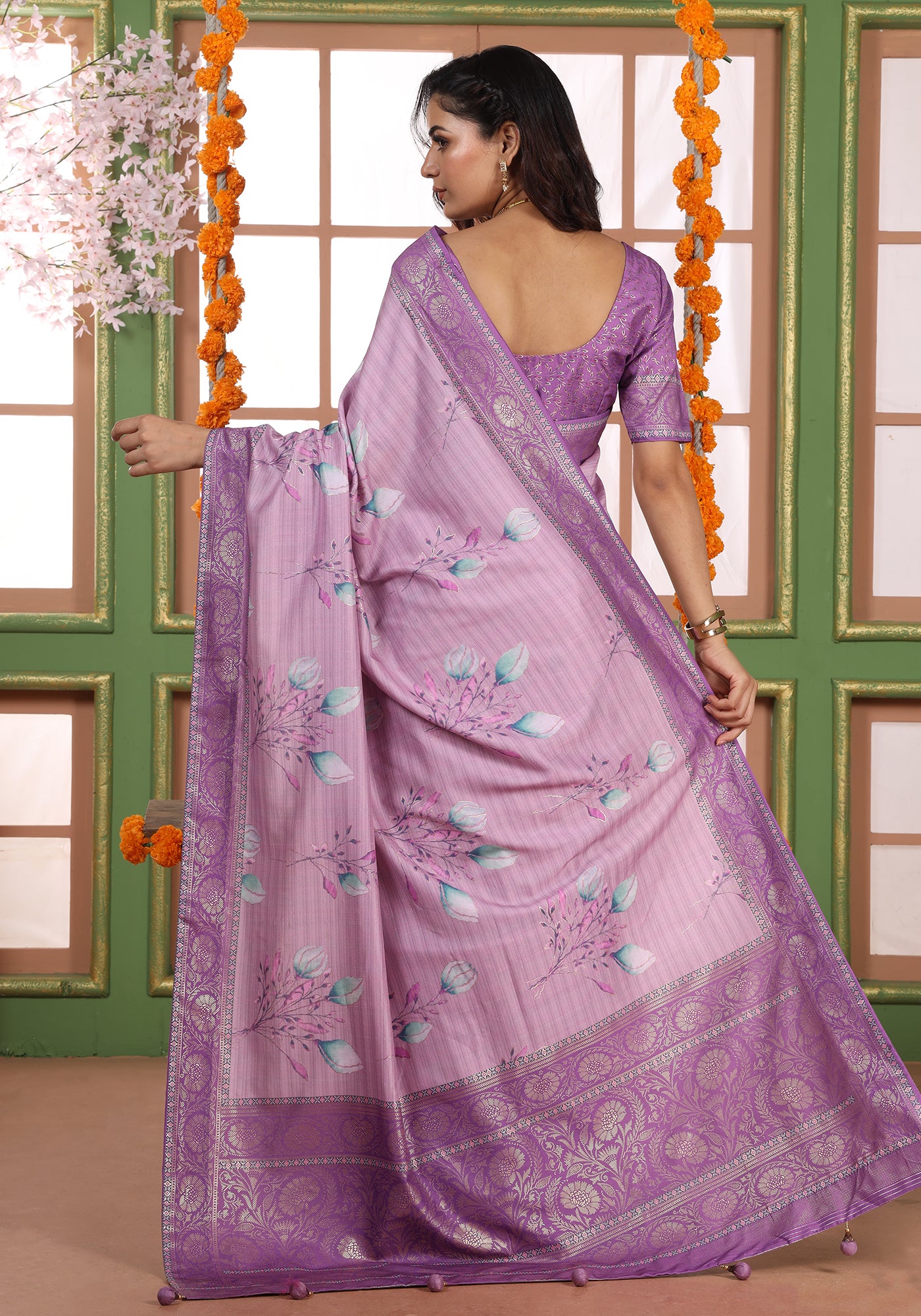 Dola Silk Saree Lavender Purple Floral Print