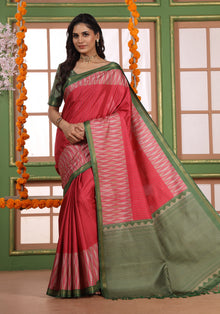 Fancy Saree Rose Coral & Green Zigzag