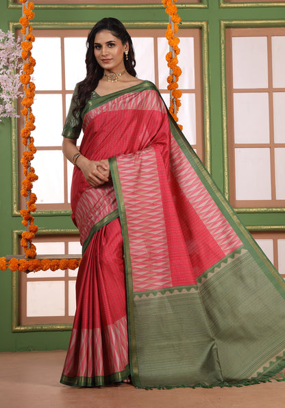 Fancy Saree Rose Coral & Green Zigzag