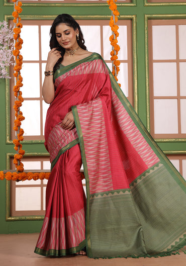 Fancy Saree Rose Coral & Green Zigzag