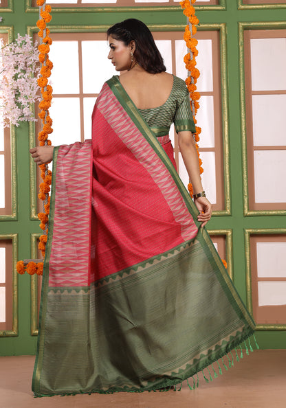 Fancy Saree Rose Coral & Green Zigzag