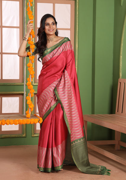 Fancy Saree Rose Coral & Green Zigzag