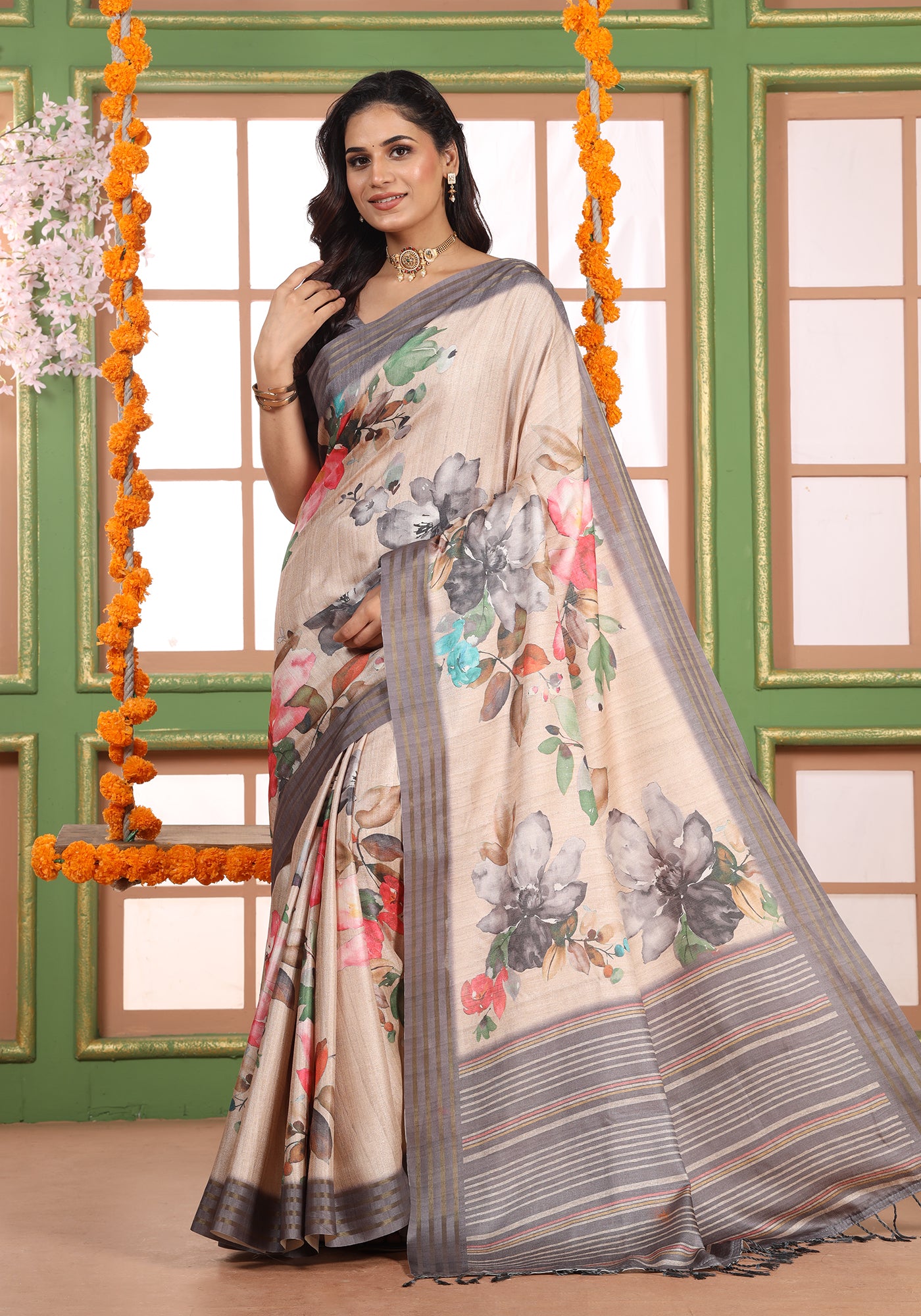 Fancy Saree Beige Floral Print
