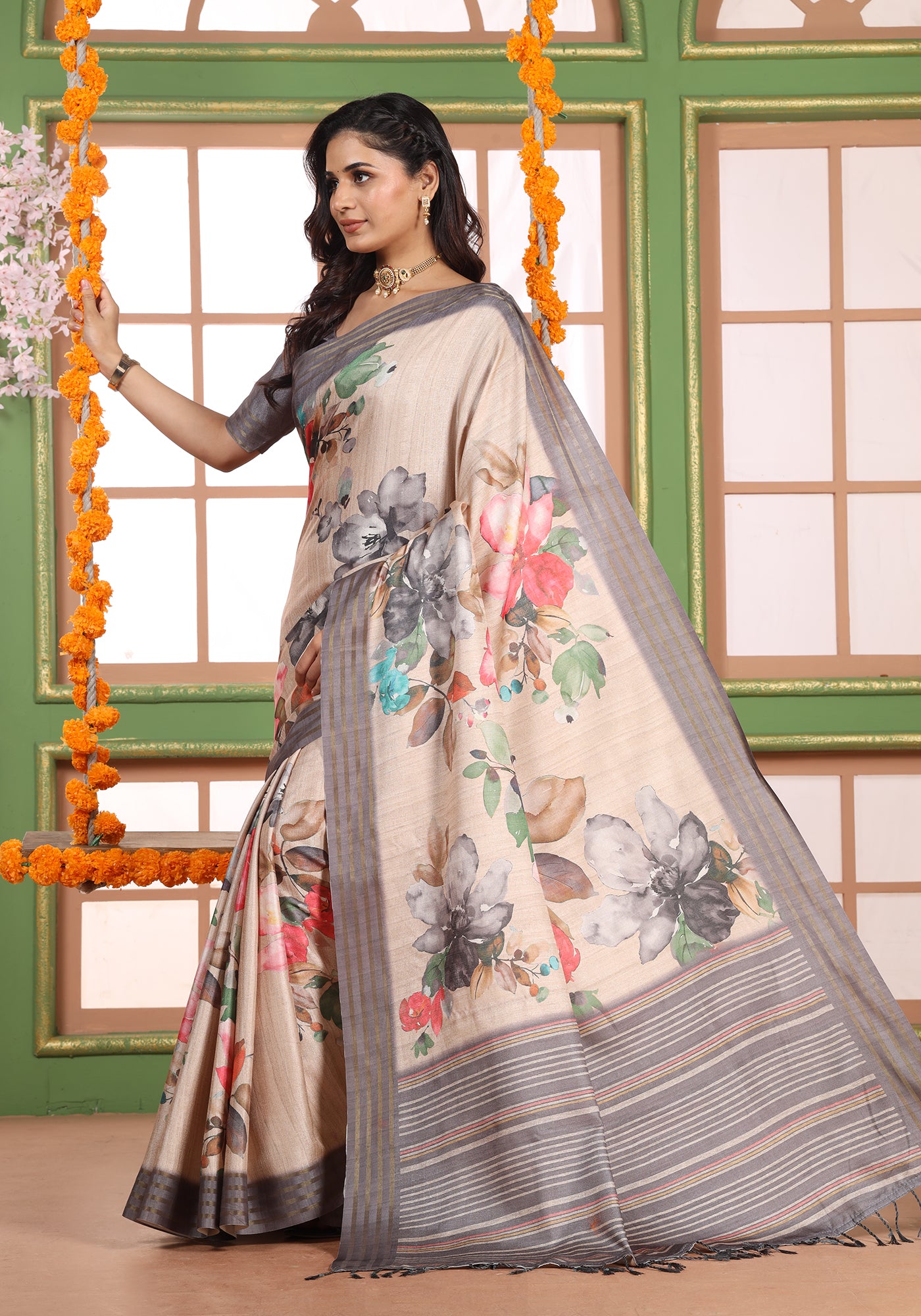 Fancy Saree Beige Floral Print
