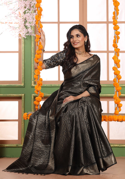Bhagalpuri Tissue Silk Saree Black Coal Gold Zari Pallu