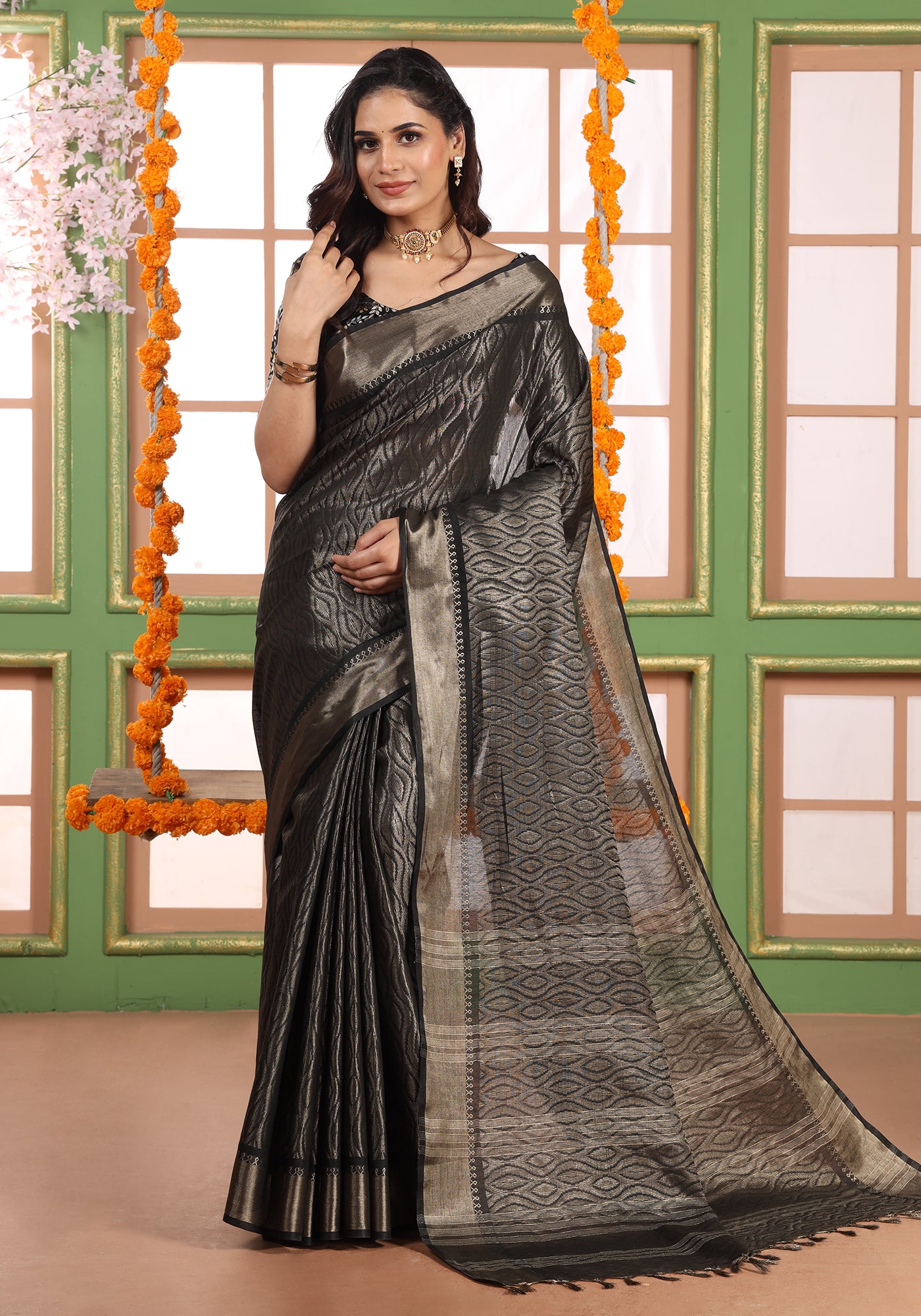 Bhagalpuri Tissue Silk Saree Black Coal Gold Zari Pallu