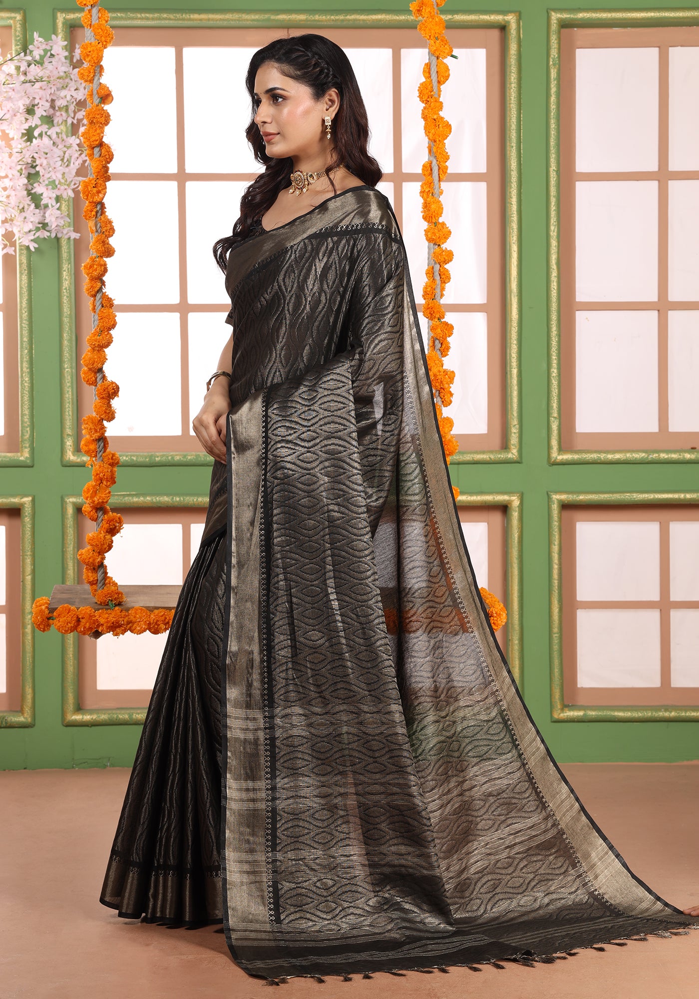 Bhagalpuri Tissue Silk Saree Black Coal Gold Zari Pallu