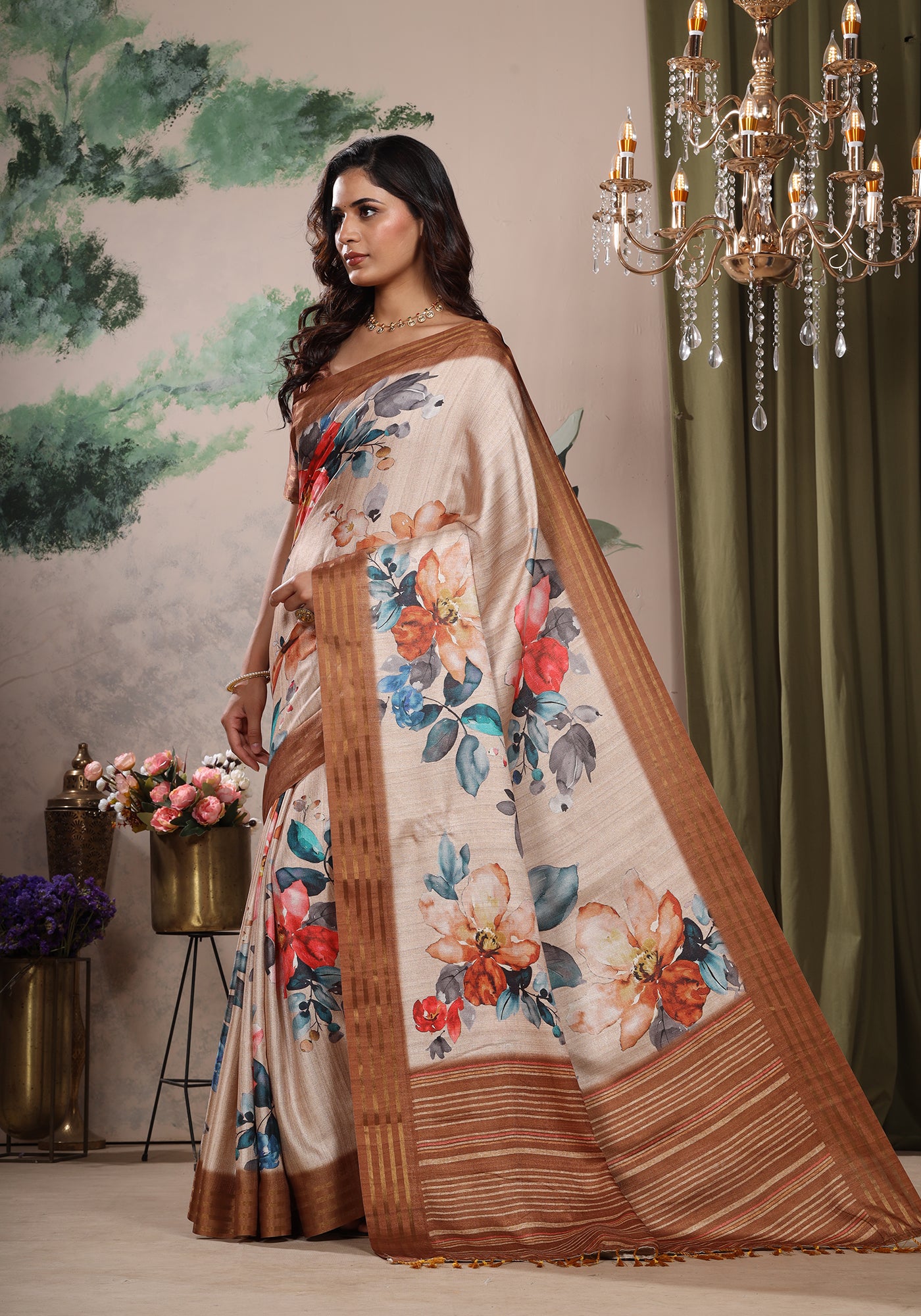Fancy Saree Copper Botanical Print
