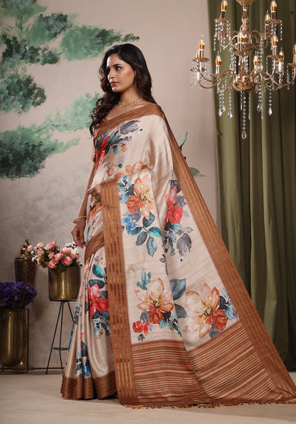 Fancy Saree Copper Botanical Print