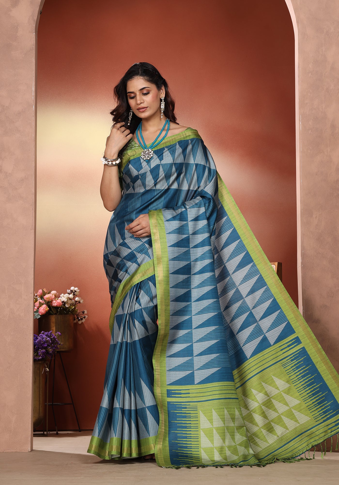 Fancy Saree Slate Blue & Lime Green Geometric