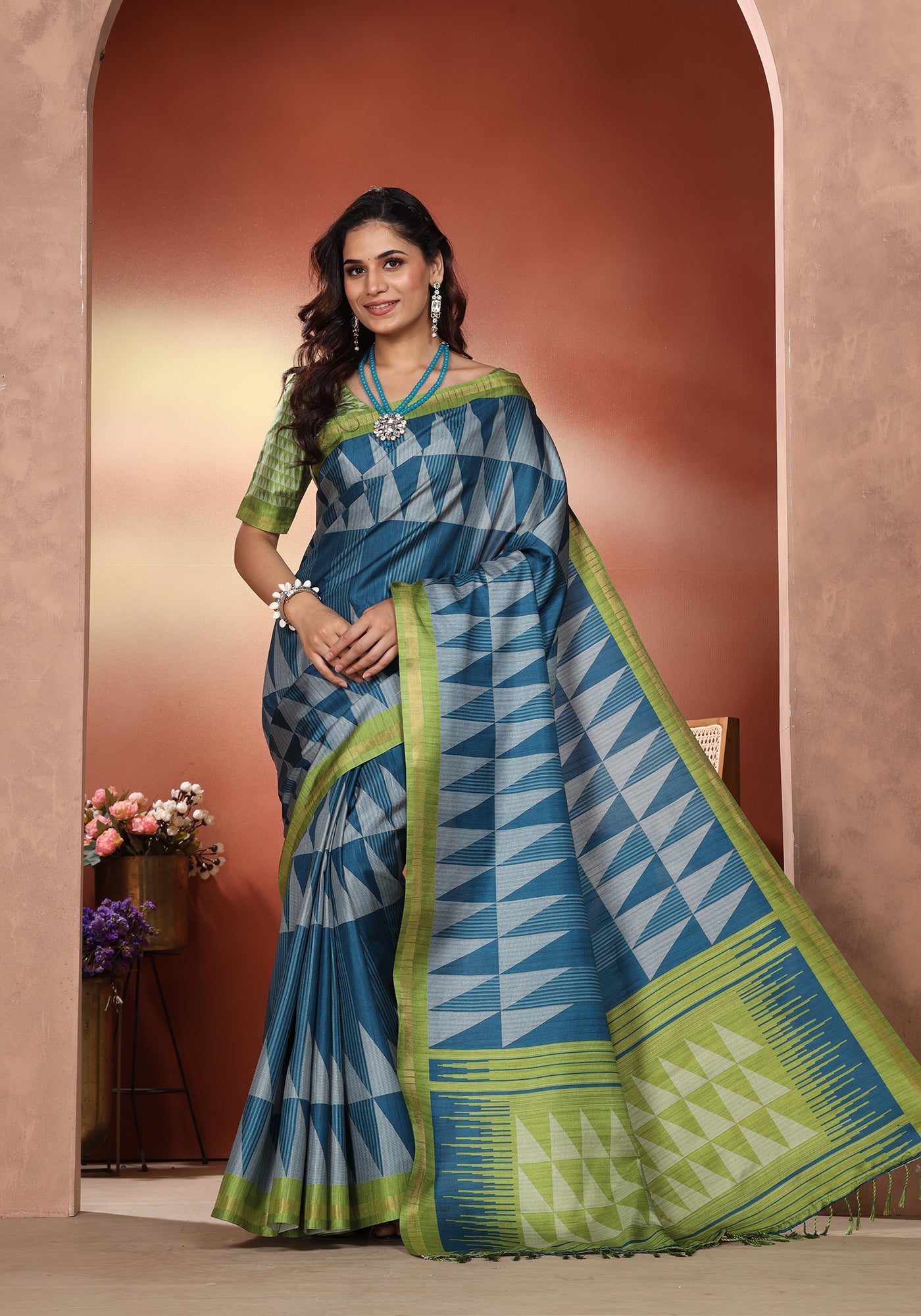Fancy Saree Slate Blue & Lime Green Geometric