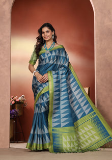 Fancy Saree Slate Blue & Lime Green Geometric