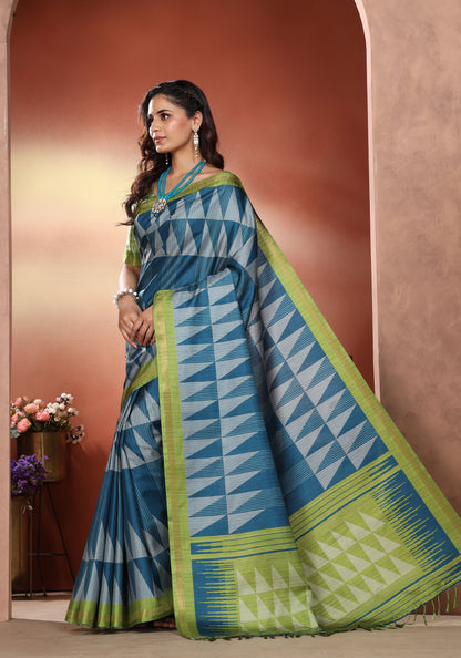 Fancy Saree Slate Blue & Lime Green Geometric