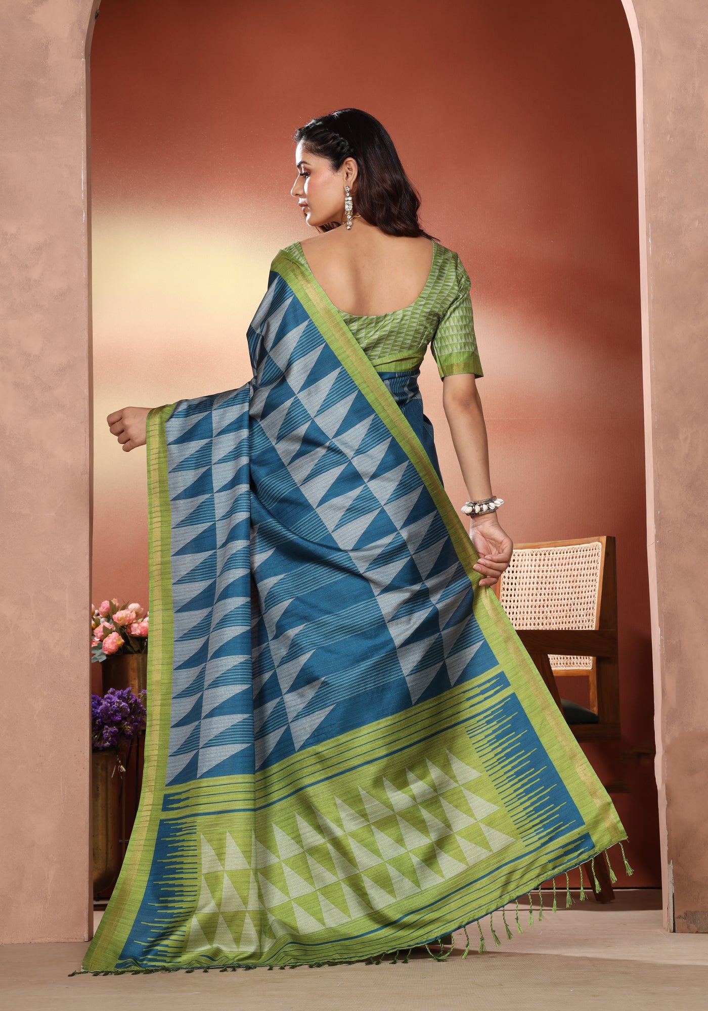 Fancy Saree Slate Blue & Lime Green Geometric