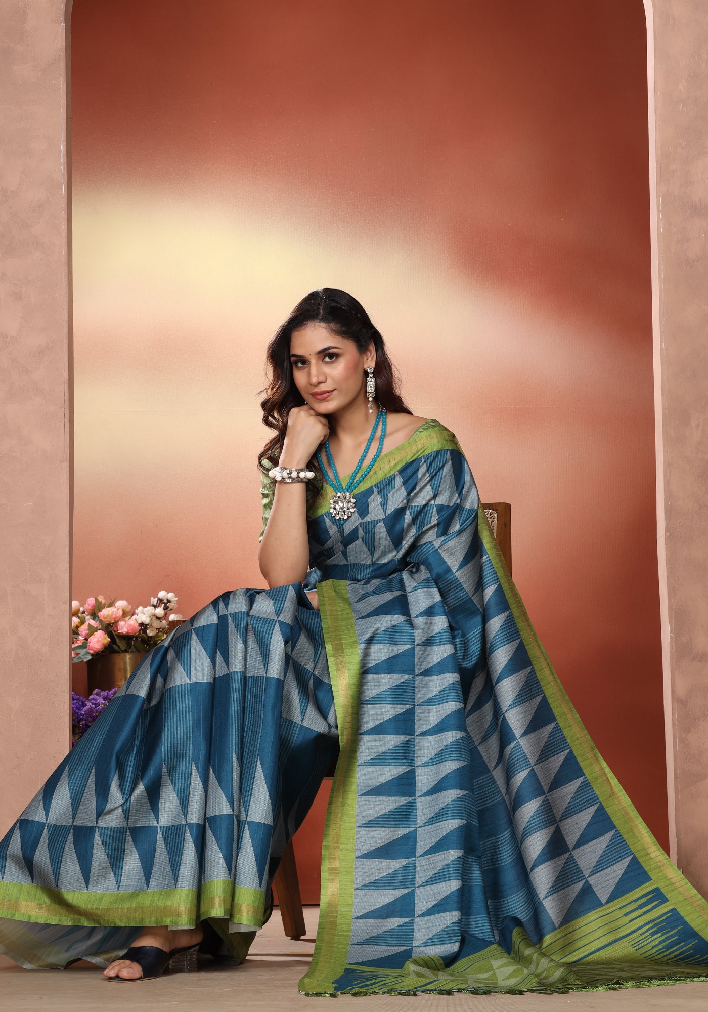 Fancy Saree Slate Blue & Lime Green Geometric