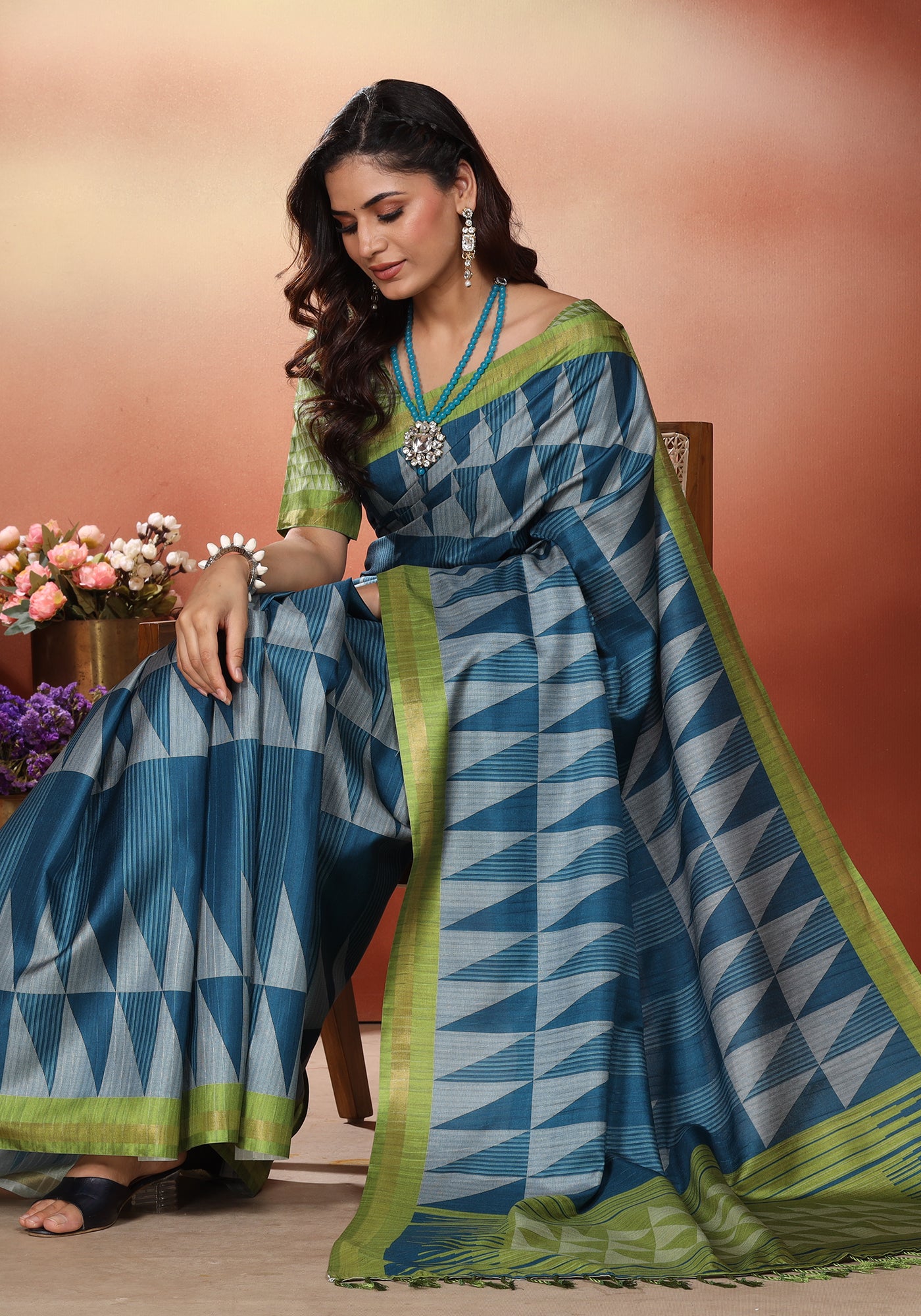 Fancy Saree Slate Blue & Lime Green Geometric