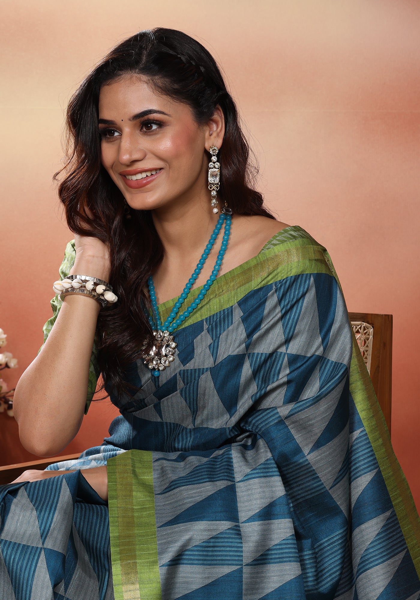Fancy Saree Slate Blue & Lime Green Geometric