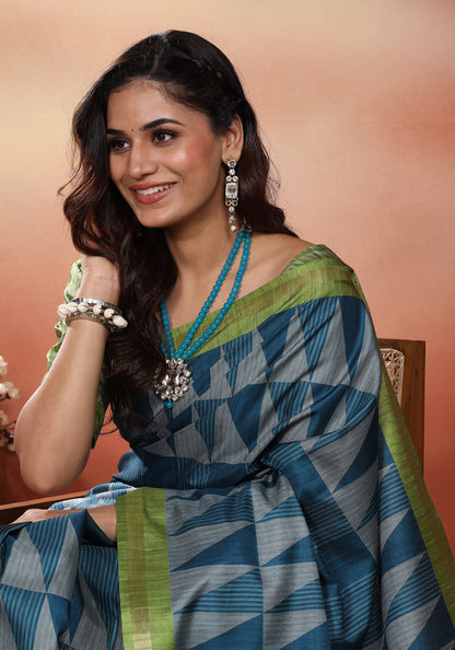 Fancy Saree Slate Blue & Lime Green Geometric