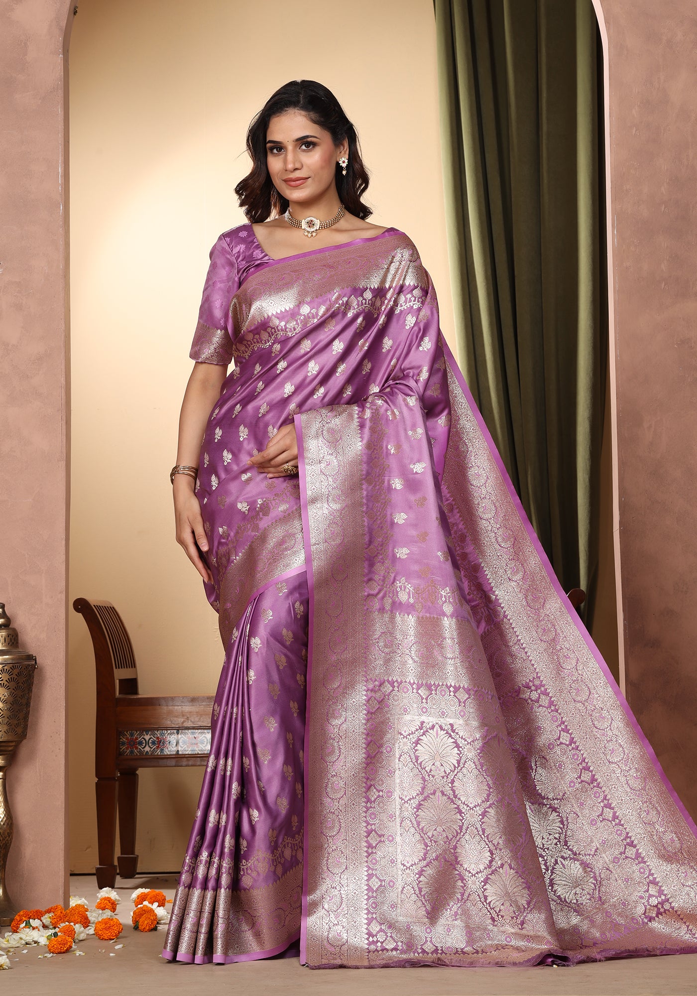 Satin Silk Zeri Saree Lavender Gold Zari