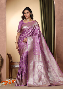 Satin Silk Zeri Saree Lavender Gold Zari