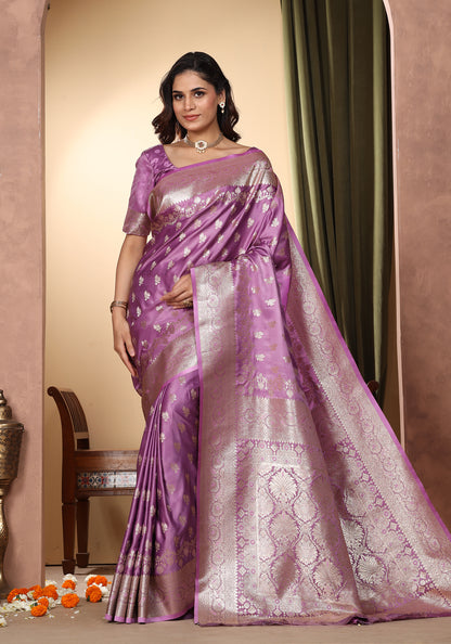Satin Silk Zeri Saree Lavender Gold Zari