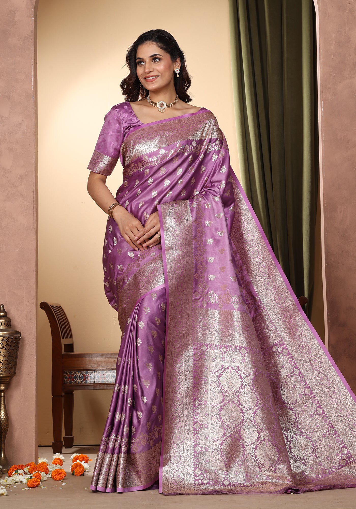 Satin Silk Zeri Saree Lavender Gold Zari