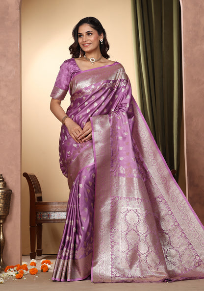 Satin Silk Zeri Saree Lavender Gold Zari