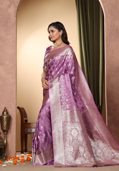 Satin Silk Zeri Saree Lavender Gold Zari