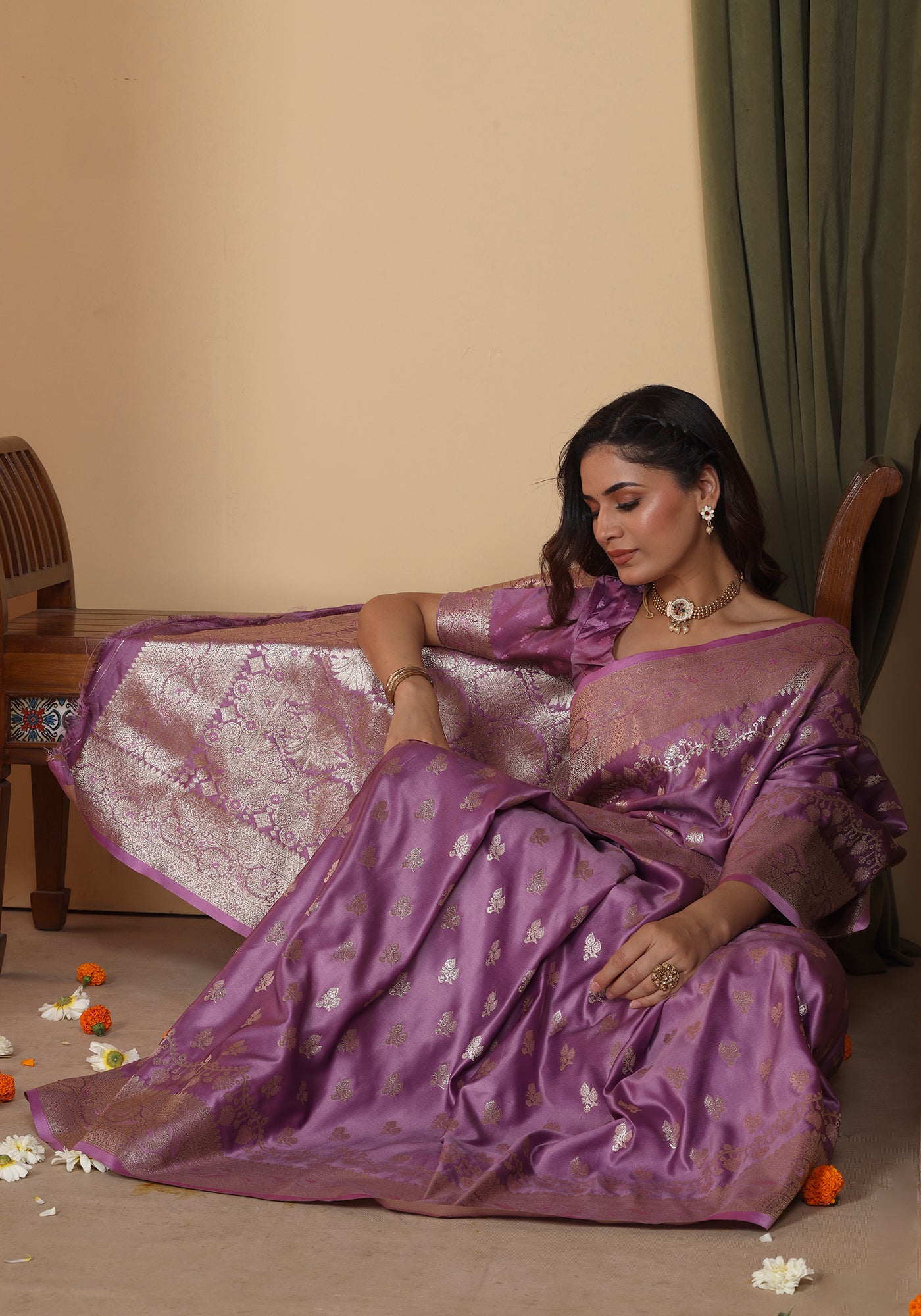 Satin Silk Zeri Saree Lavender Gold Zari
